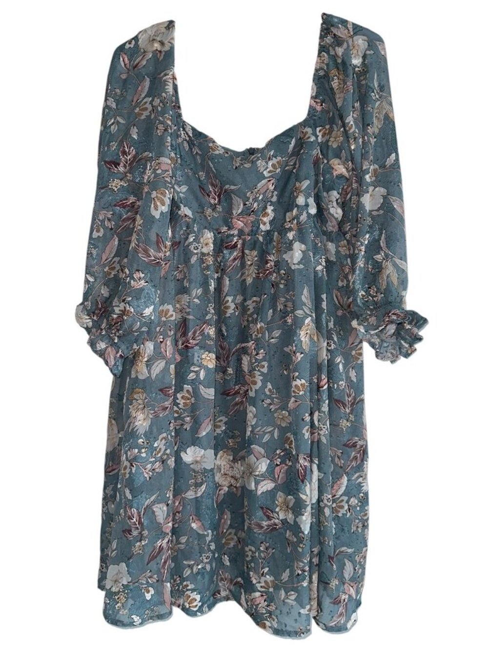 Teal Floral Scoop-Neck Mini Dress with Puff Sleeves
